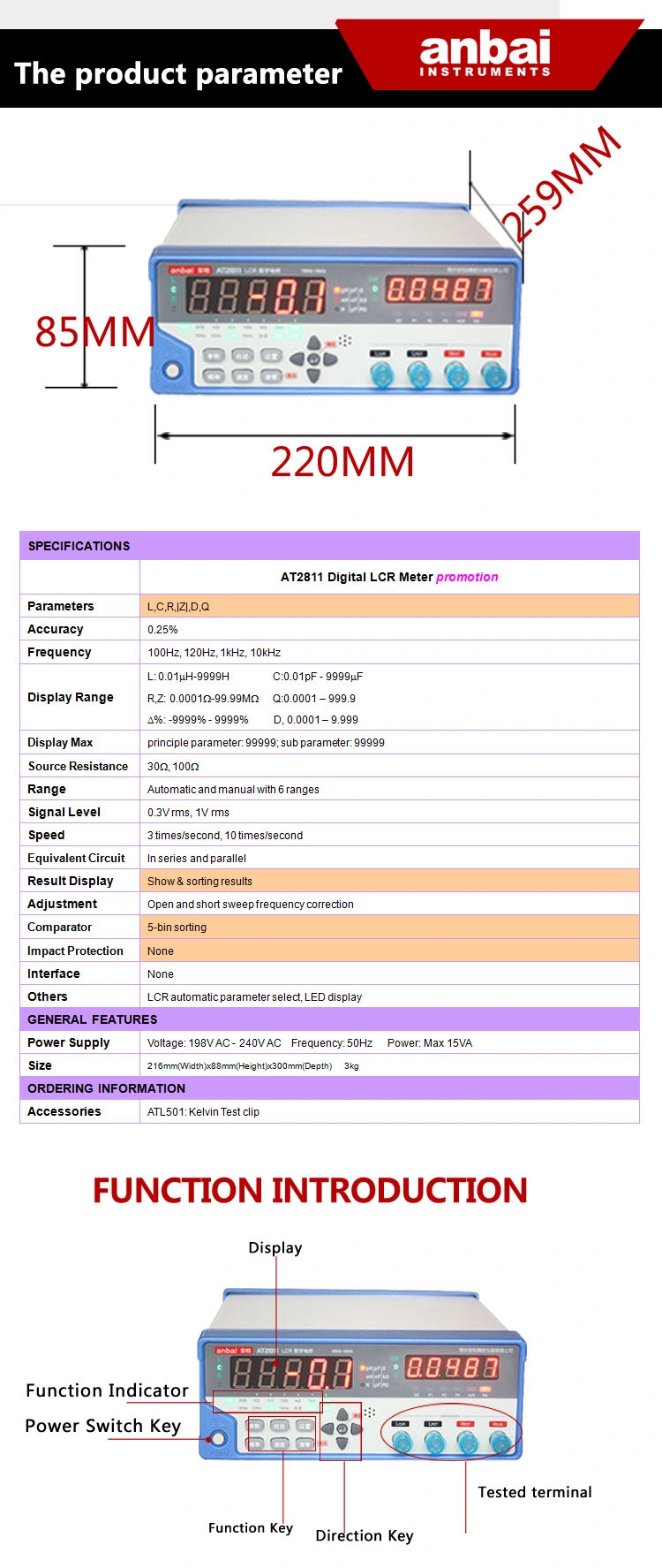 Tester At2811 Digital Bridge Meter Tester Capacitance Measuring Instrument